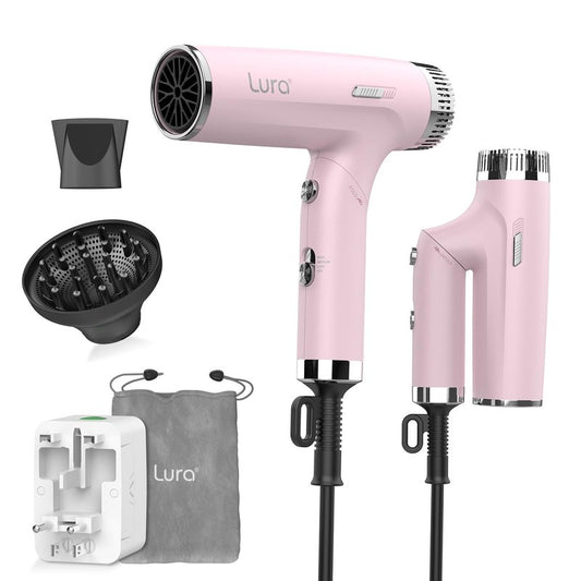 LURA Auto Dual Voltage Hair Dryer for International Travel,Travel HairDryers with Difffuser,Small Portable Blow Dryer for Women Lightweight,Compact Mini Blowdryers with Folding Hand for Kids(Pink)