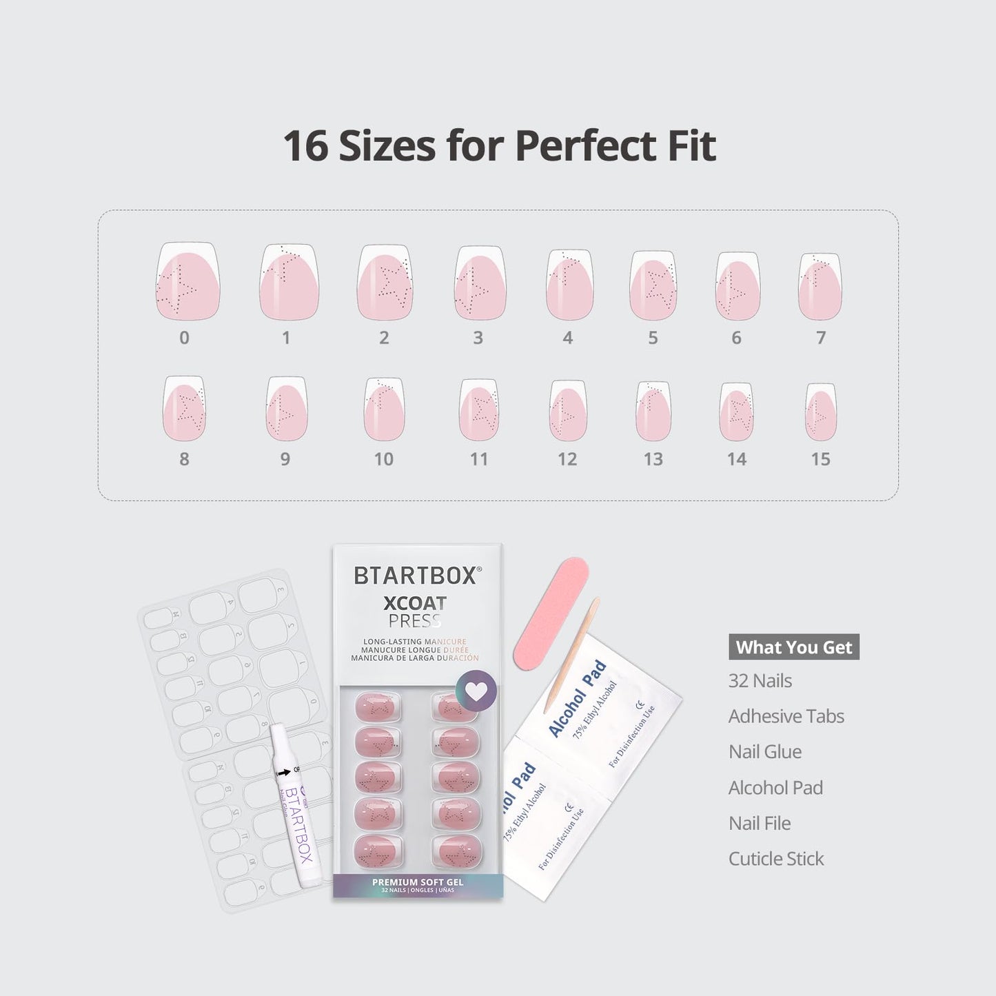 BTArtbox French Tip Press On Nails - Weekend Star, Lamp-Curable 4-Week Wear White Extra Short Coffin Press On Nails with Glue and Adhesive Tabs, Easy-to-Apply in 16 Sizes - 32 Nails All-in-One Kit