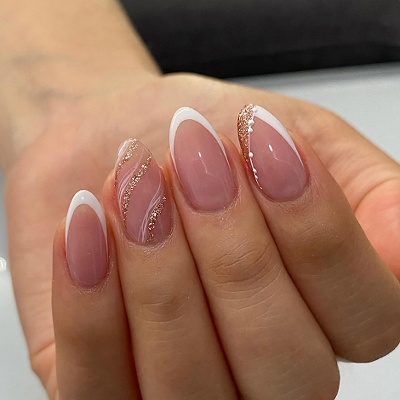 Short Almond Press-On Nails - French Tip & 3D Gold Star Design | Glossy Full Cover Acrylic, Reusable Fake Nails for Women