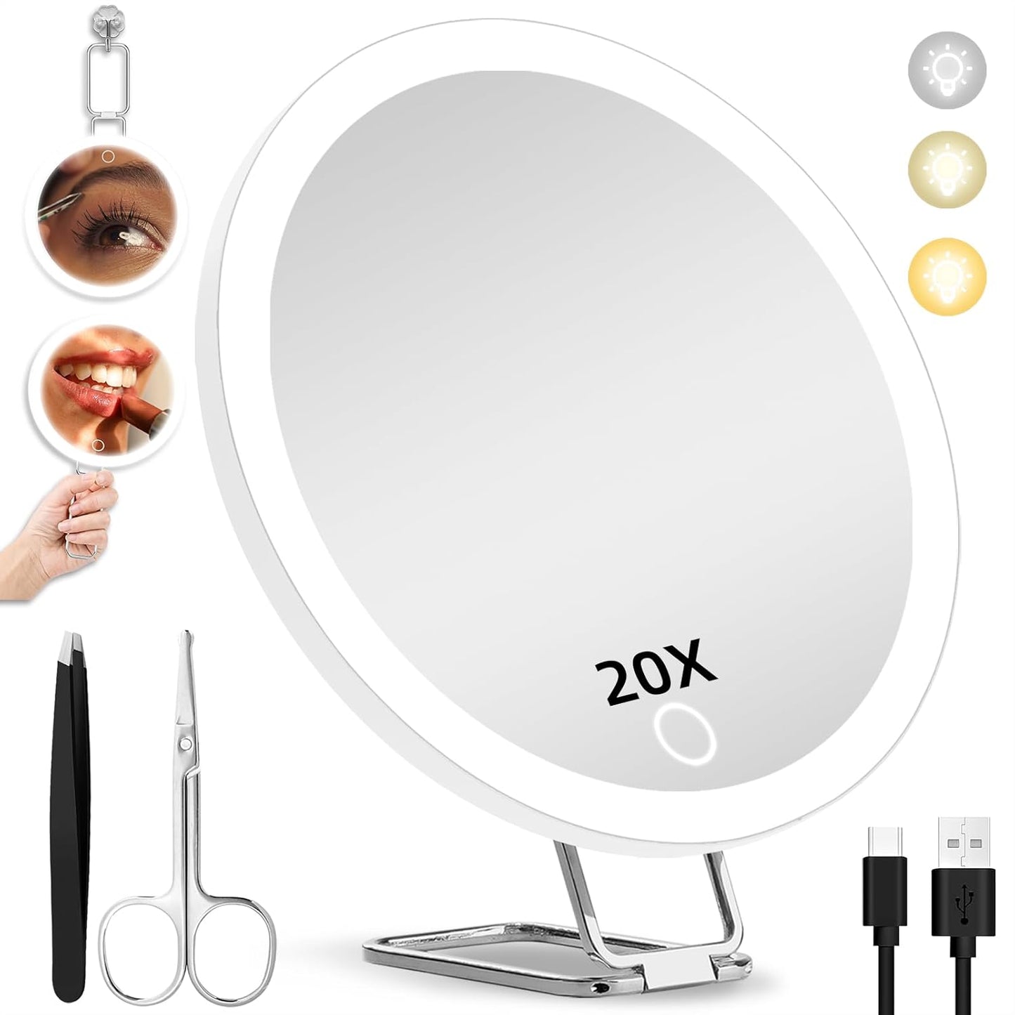 40X Magnifying Makeup Mirror with Lights - 6-Inch Compact Travel Size | 360° Adjustable Stand, Suction Cups, Tweezers & Scissors Set