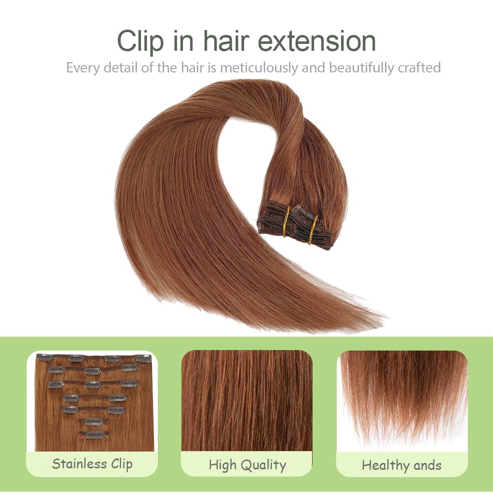 #30 Brown Clip in Hair Extensions Real Human Hair, 18 Inch 120g/7Pcs,Full Shine Remy Human Hair,Light Brown Straight Clip ins Brazilian Virgin Human Hair Extensions