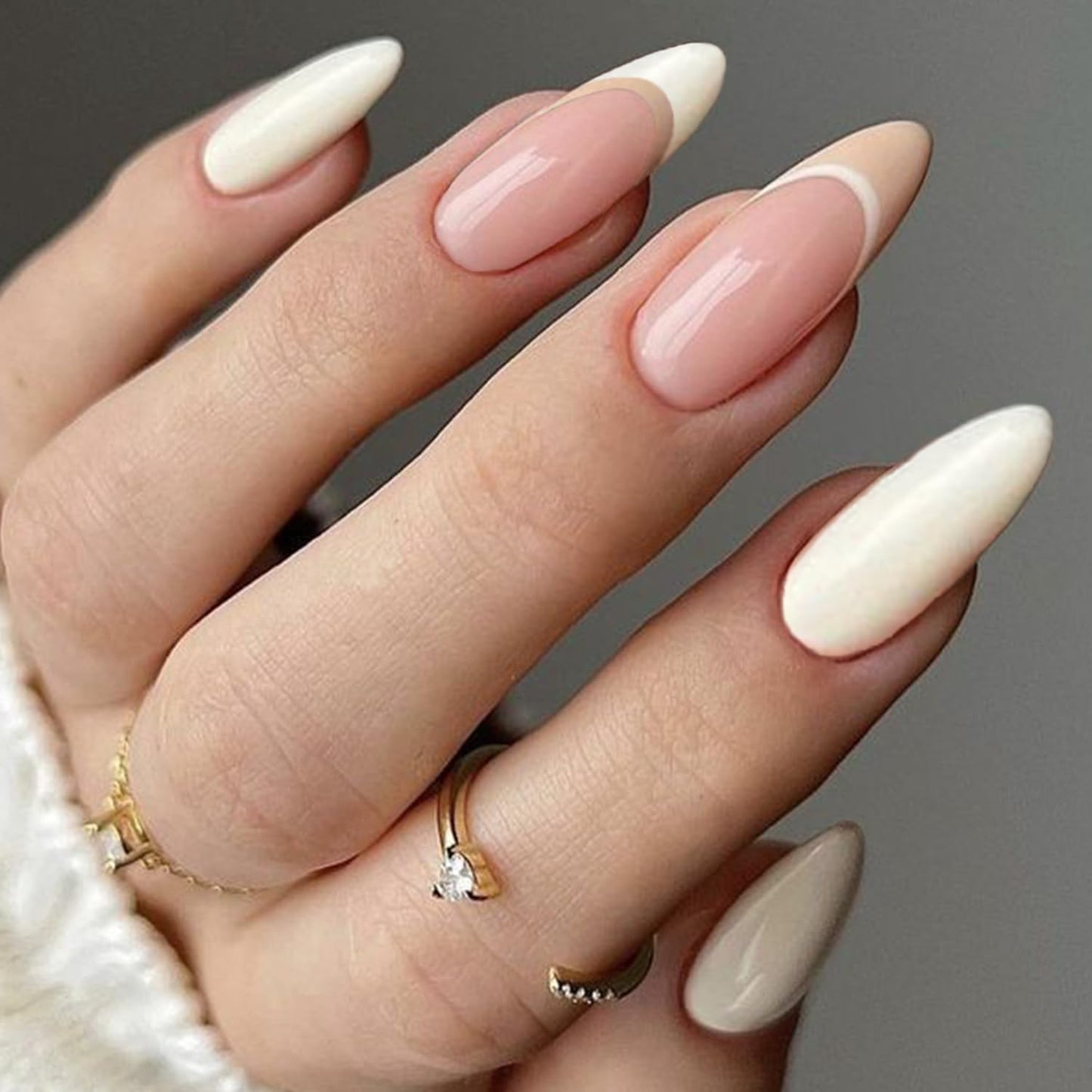 Press On Nails | Medium Almond White Ombre Gel False Nails - Reusable Short Stiletto & Oval Acrylic Manicure Set