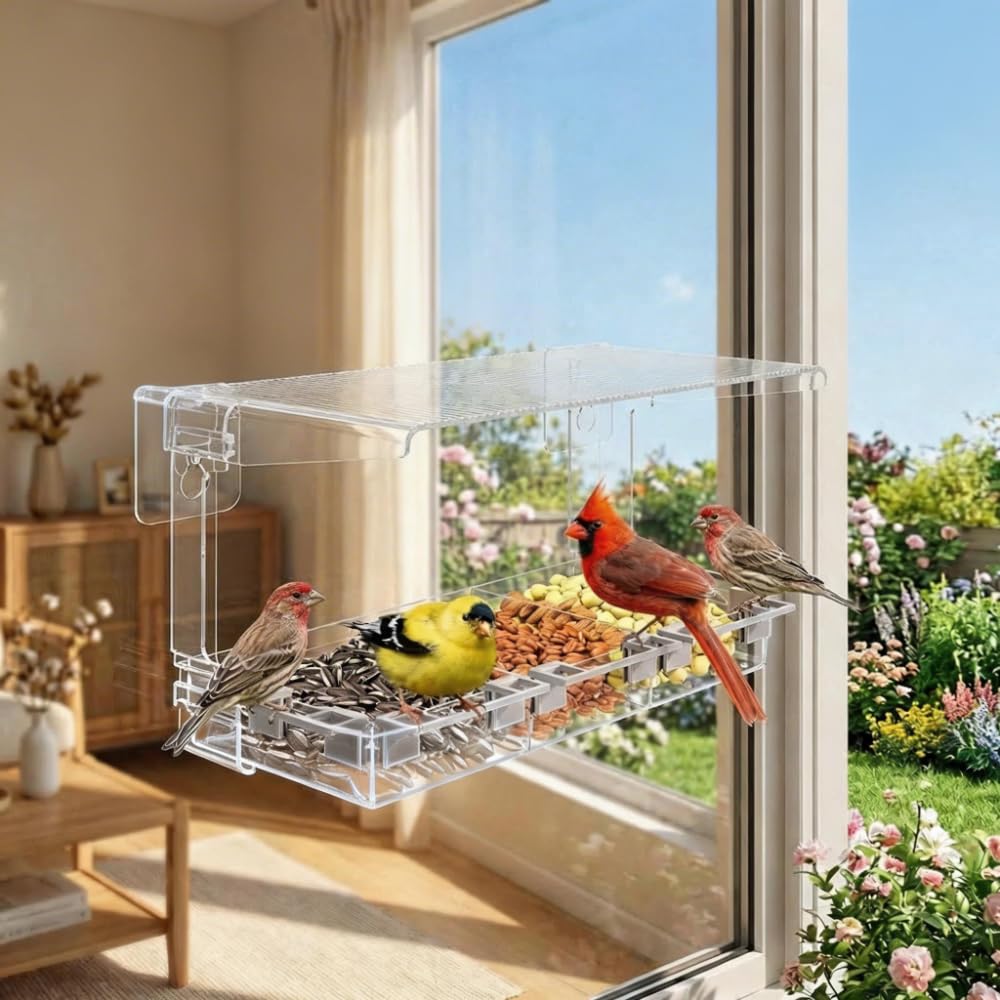 Window Bird Feeder，Clear Window Bird Feeder Outdoors - Bird Feeder for Viewing with 5 Perching Stands, Wavy roof, Self-Adhesive Hooks, Drain Holes and Removable Tray, as a Birdhouse, Garden Decor