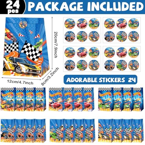 24 Race Car Party Favor Bags with Stickers - Blue Racing Theme