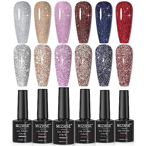 MIZHSE Reflective Glitter Gel Nail Polish Set 2 - 6 Bright Colors, 10ml Each, Sparkly Shimmer, UV LED Nail Art Varnish, DIY Manicure Kit