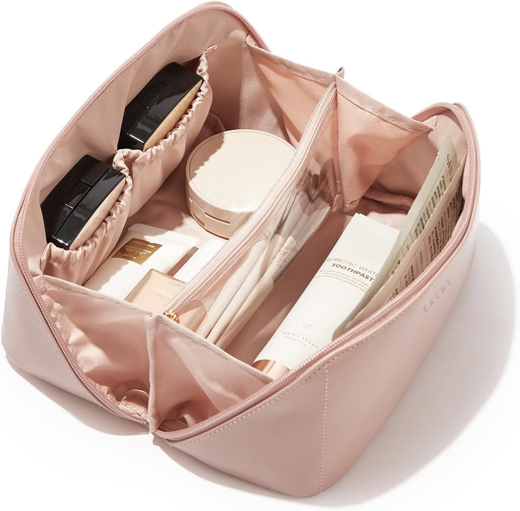 Travel Makeup Bag - Large Capacity Waterproof PU Leather Cosmetic Organizer | Flat Open Design for Skincare & Brushes