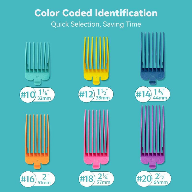 Clipper Guards 10 12 14 16 18 20 Compatible with Most Wahl Clippers, Color Coded - Size 1.25", 1.5", 1.75", 2", 2.25" & 2.5"