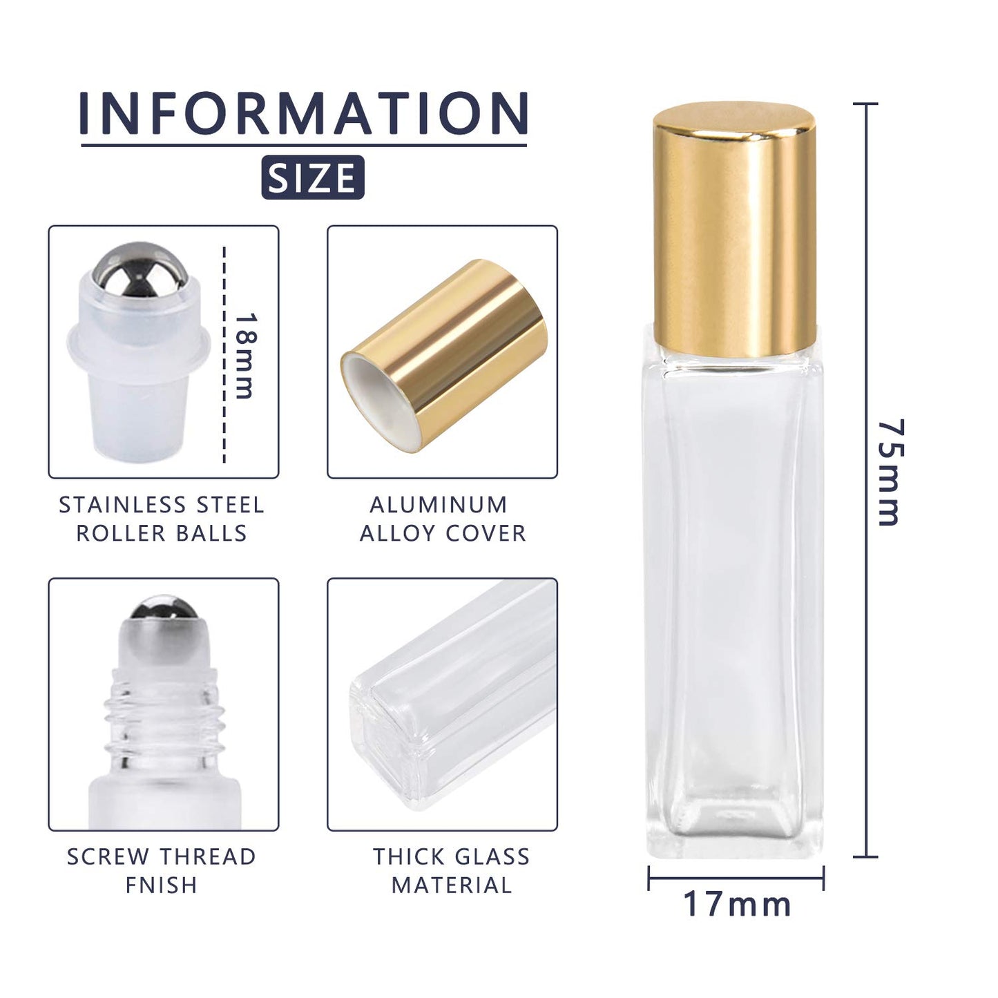 Refillable Glass Roller Bottles - 4 Pack Thick Square Essential Oil Containers | 1/3oz (10ml)