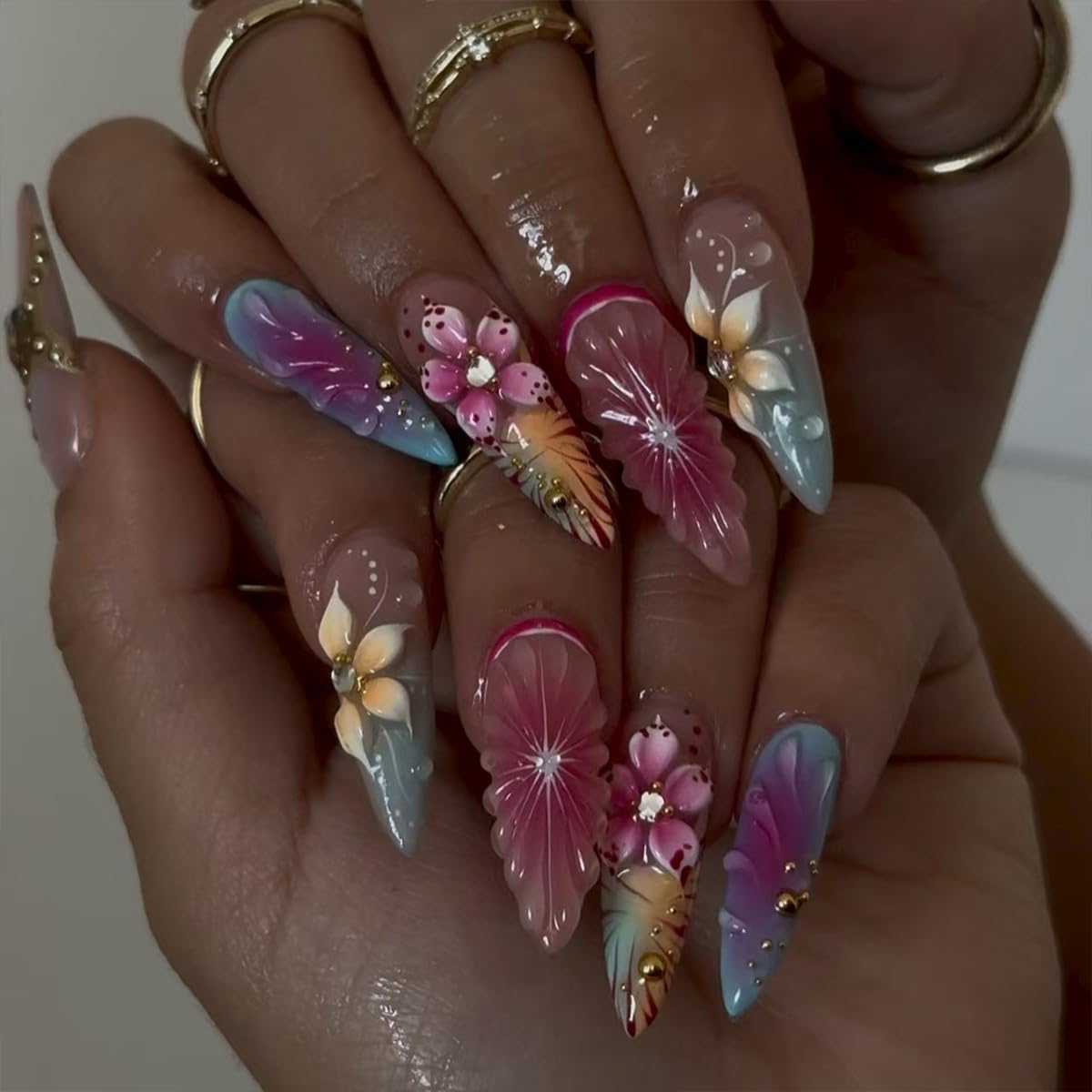 Short Almond Press-On Nails - 24 Pcs French Tip with Leopard Print & Gold Beads | Reusable Acrylic Nail Designs for Women