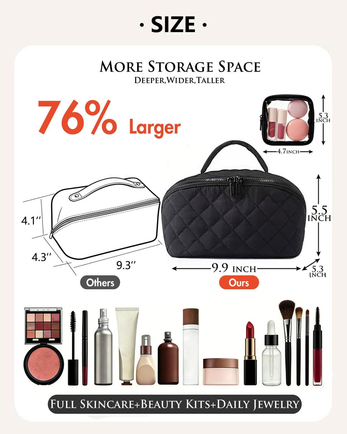 MINGRI Petition Makeup Bag for Travel,Women Quilted Cosmetic Bag Puffer Large Capacity Toiletry Bag 2Pcs,Lay Falt 180°Open Valentine's Day Gift for Toiletries & Brushes with Compartments(Black)