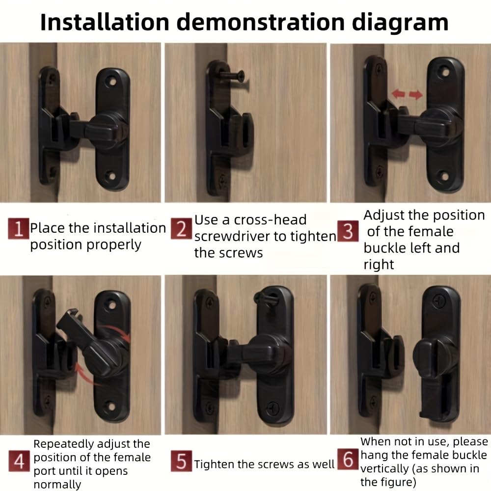 Heavy Duty Security Door Lock 1pc - Anti-Pry Bolt Lock with 90°/180° Adjustable Sliding Insert, Commercial Residential Grade, Manual Operation, Includes Screws，Black