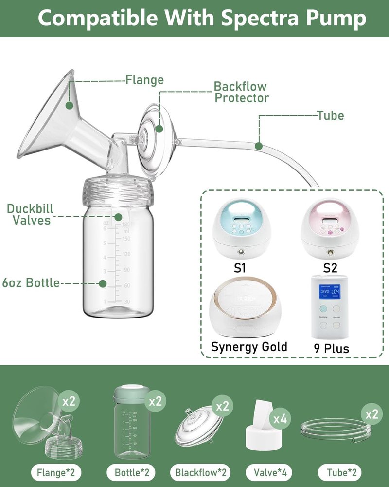 Breast Pump Parts Compatible with Spectra S1/S2/9 Plus/Synergy Gold, Full Set Replacement Parts for Spectra Include 21mm Flange, Duckbill Valve, Backflow Protector, Tubing, Bottle, Not Original Parts