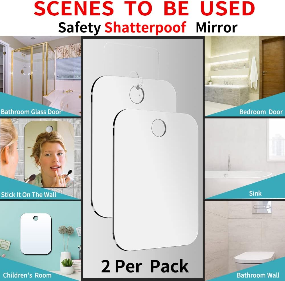 Shatterproof Fogless Shower Mirror for Shaving - 10.7x8 Inch Unbreakable Plexiglass | 2 Pack, Silver