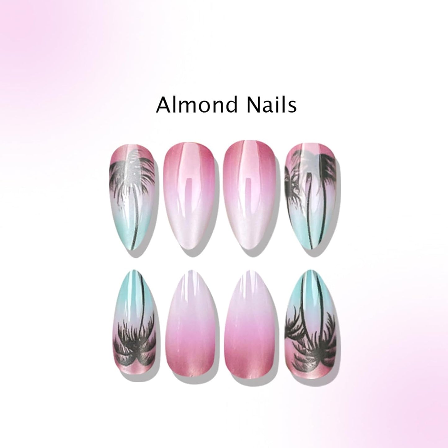 Almond Press-On Nails - Pink Coconut Tree Designs | Glossy Glitter Acrylic, 24 Pcs Reusable for Beach Vacation & Daily Wear
