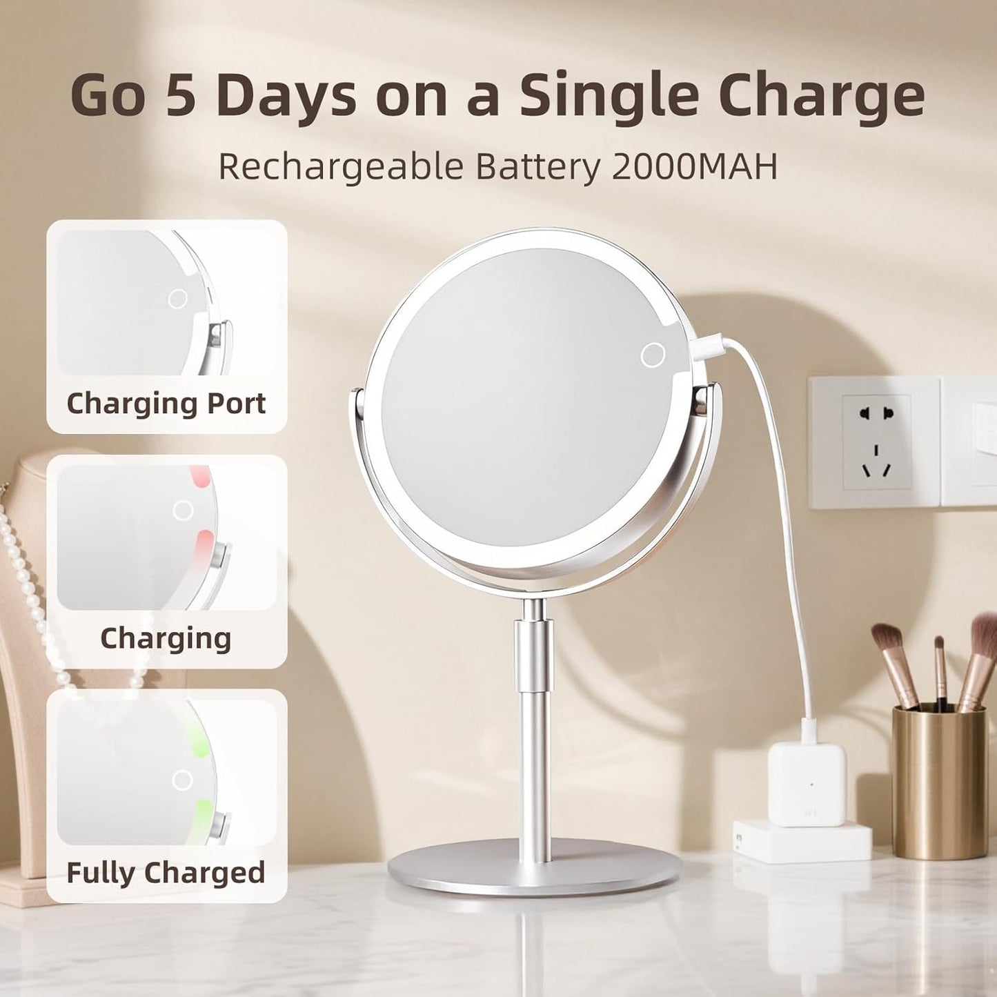 Makeup Mirror with Lights - 8" Double-Sided Magnifying Vanity Mirror 1X/10X | Rechargeable, Adjustable Brightness, 3 Colors