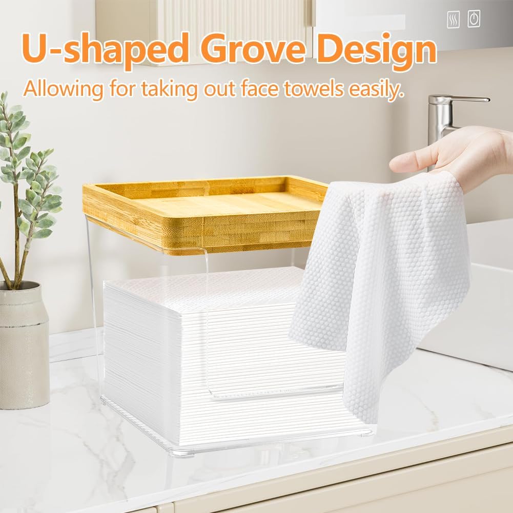 Acrylic Disposable Face Towel Holder Box - Large Bathroom Organizer with Bamboo Lid | Clear Design