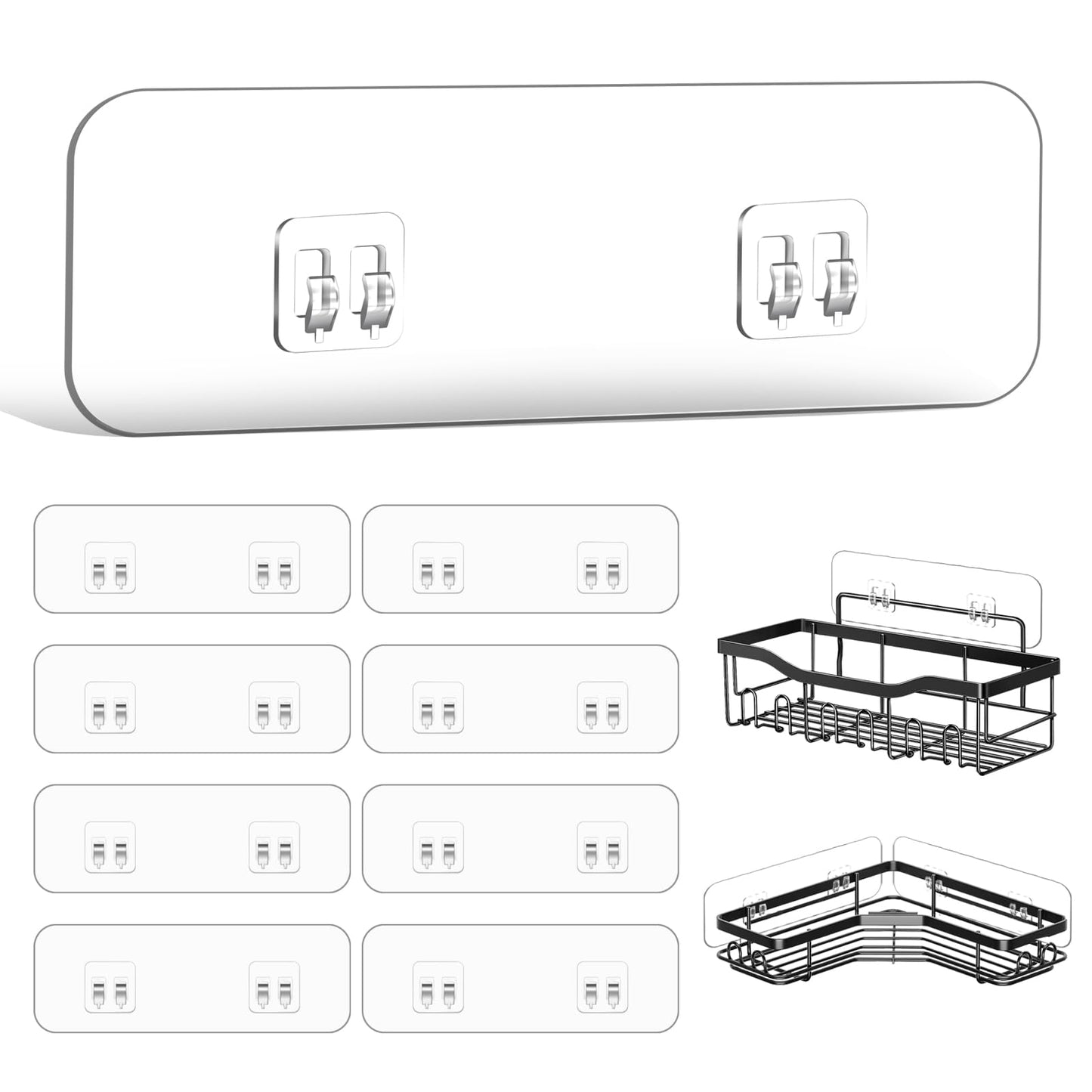 HAOBAOBEI 9-Pack Shower Caddy Adhesive Replacement, Transparent Adhesive Hooks Stickers, Strong Hook Strip for Shower Caddy Basket Shelf, Soap Holder, Bathroom Storage Corner Shelves, Kitchen Racks
