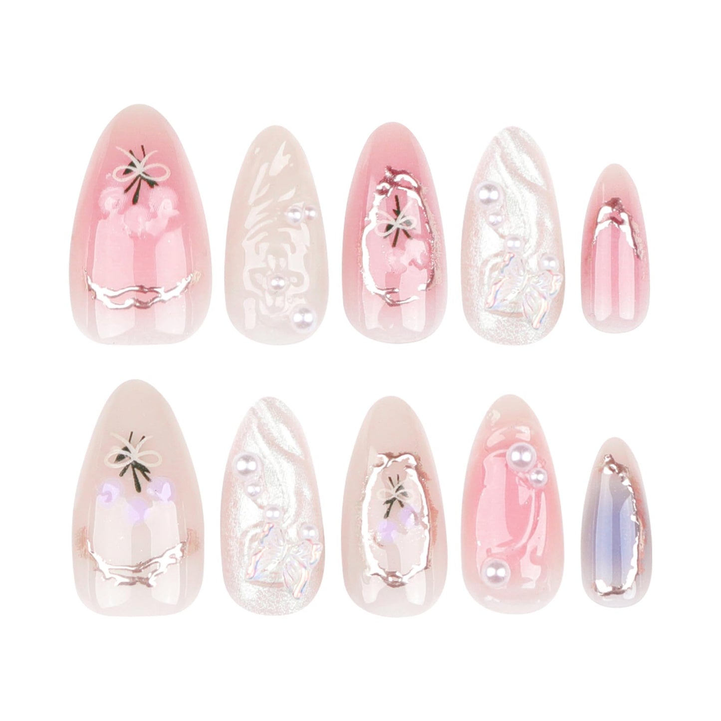 3D Flower Press On Nails Almond Shape – Medium Length Glossy Nude Pink Fake Nails with Pearls & Gold Details, Acrylic Reusable Stick On Nails for Women, Elegant Floral False Nails for Wedding Party