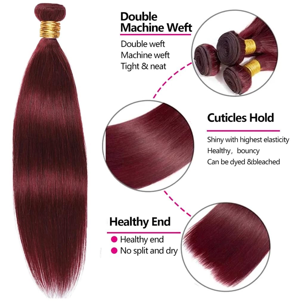 99J Human Hair Bundles Burgundy Straight Bundles 14 16 18 Inch 150g Mixed Length Brazilian Remy Red Human Hair Bundle for Women