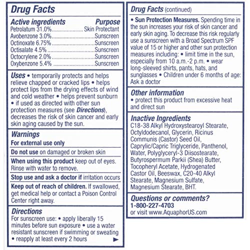 Aquaphor Lip Protectant + Sunscreen SPF 30, Moisturizing Lip Balm, 0.35 oz