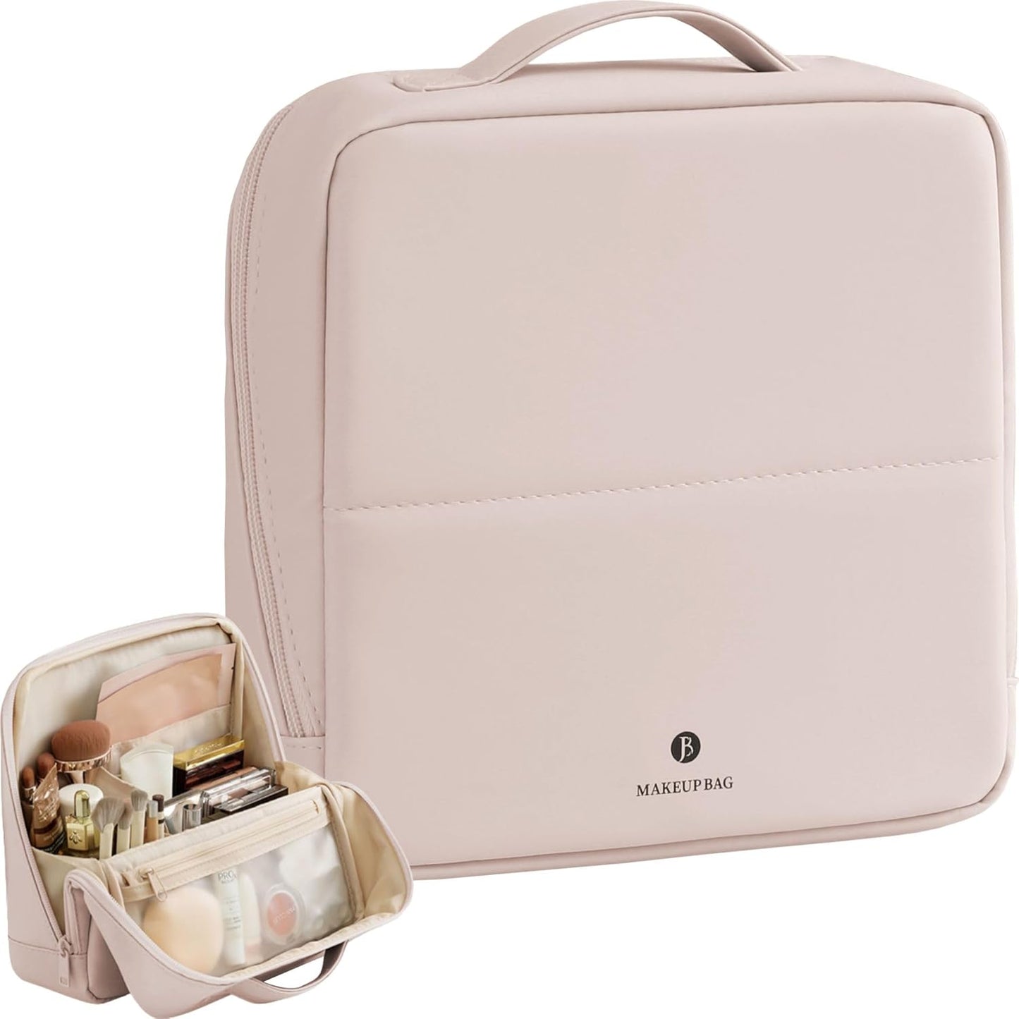 Travel Makeup Bag - Waterproof Leather Cosmetic Organizer for Women | Multi-Zone Storage, Cream, X-Large
