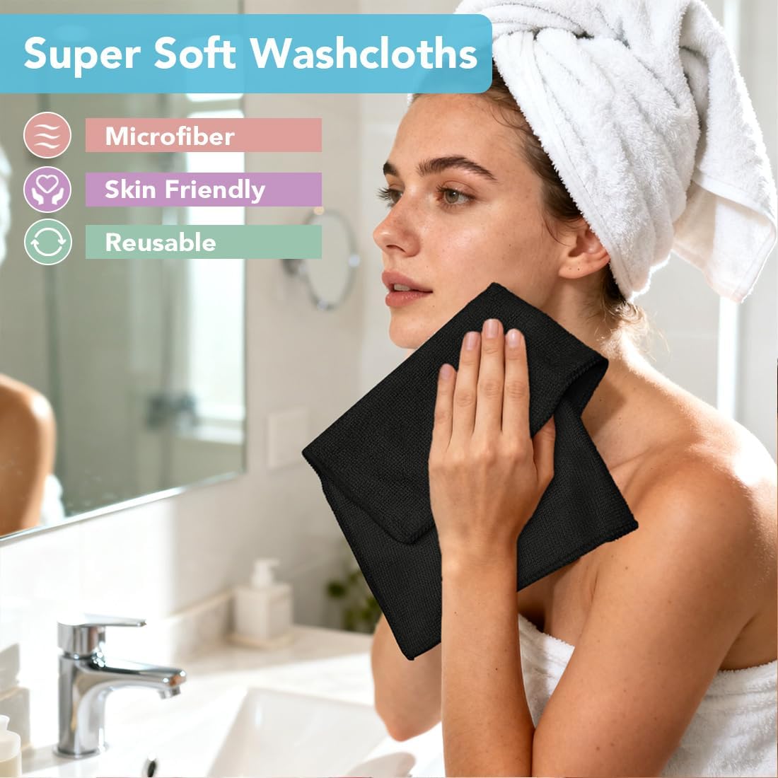 Microfiber Washcloths 20 Pack - Soft, Quick-Dry Face & Hand Towels for Travel, Gym, Spa | 11.5"x11.5", Black