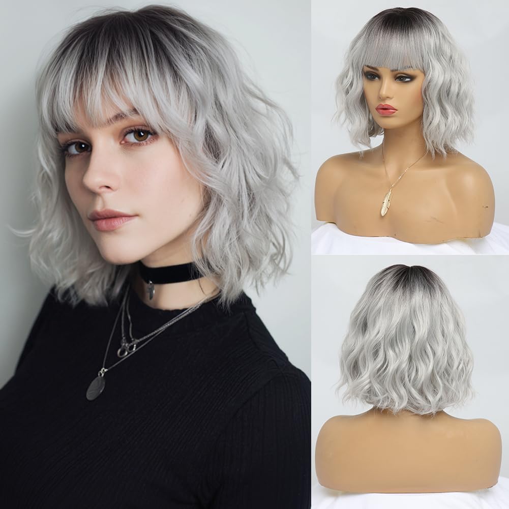 Ombre Grey Wavy Bob Wig for Women - Short Synthetic Hair with Bangs | 14 Inches, Dark Roots