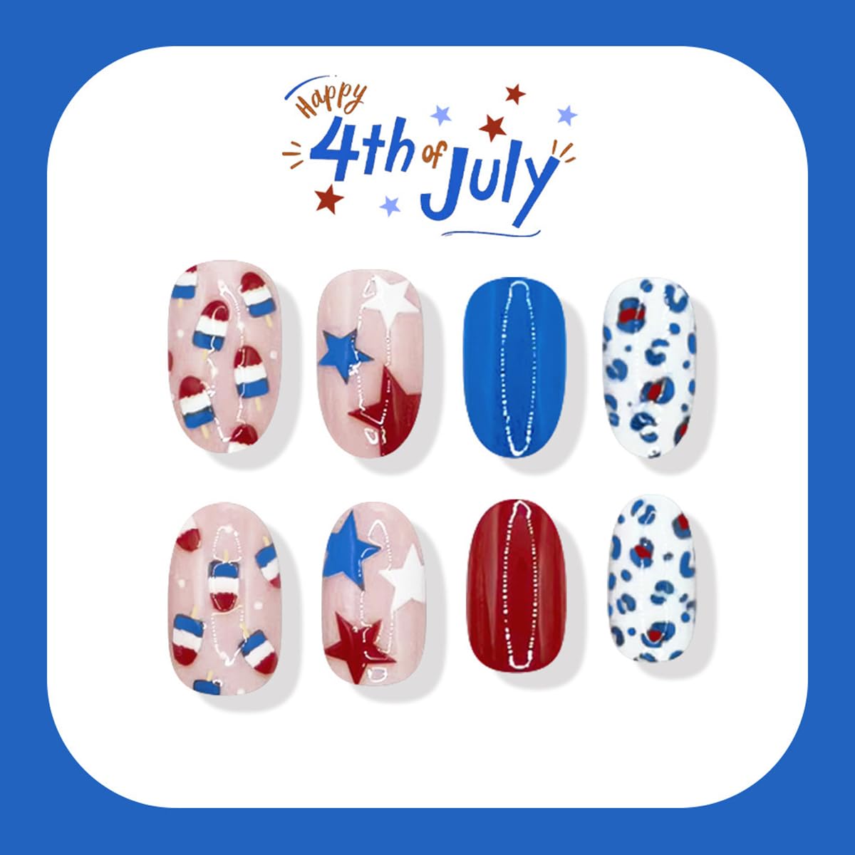 4th of July Press on Nails Medium Oval Fake Nails Red Blue Glue on Nail with Designs Star | Leopard,Independence Day False Nail 4th of July Nails for Women Manicure 24Pcs