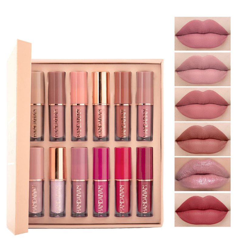 Matte & Glossy Liquid Lipstick Set - Long-Lasting Waterproof Lip Gloss | 12 Colors in Nude, Pink, Red Shades