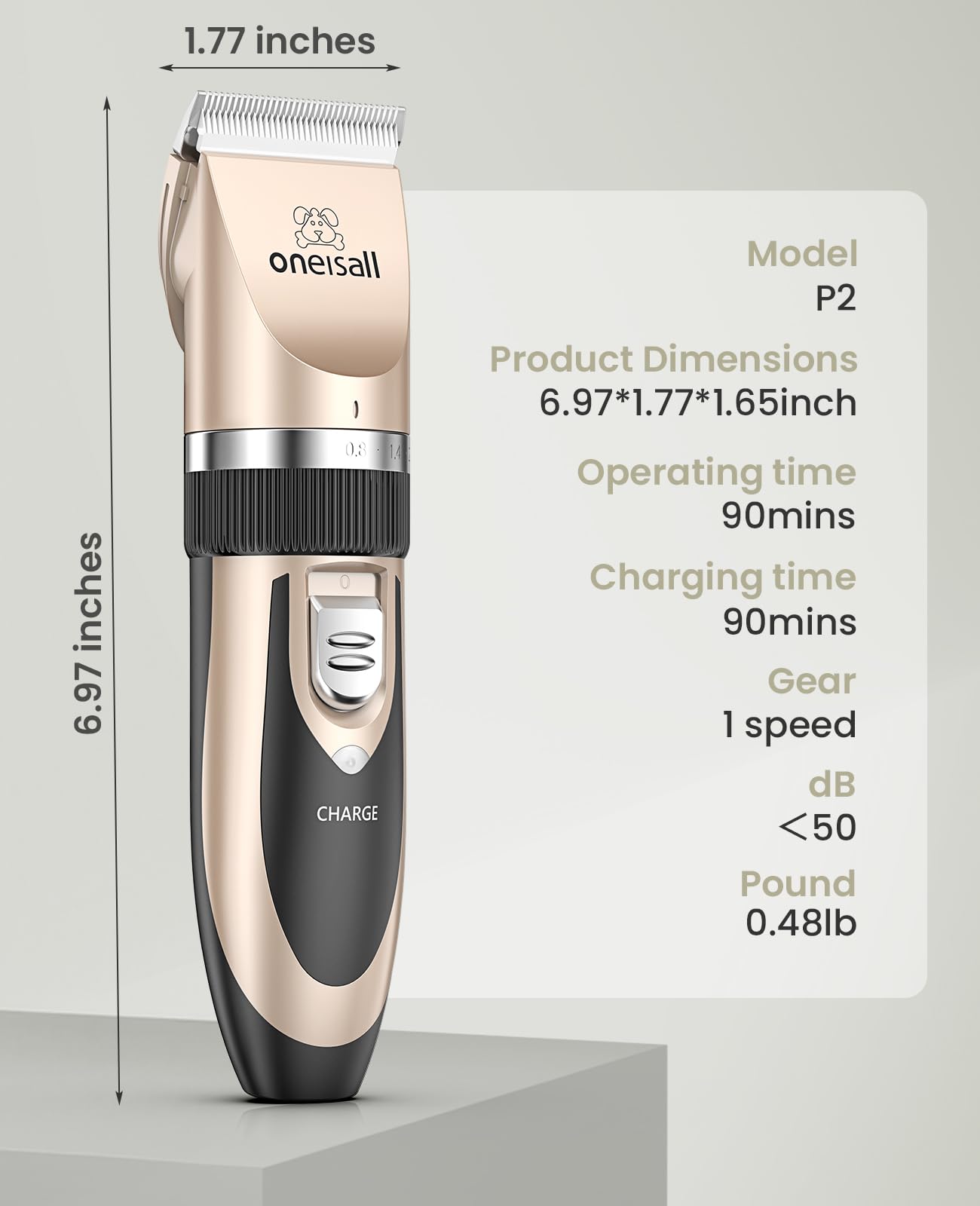 oneisall Dog Clippers Low Noise, Dog Grooming Kit with Rechargeable, Pet Shaver Cordless Electric Quiet Hair Clipper Set for Dogs Cats Pets（Gold）