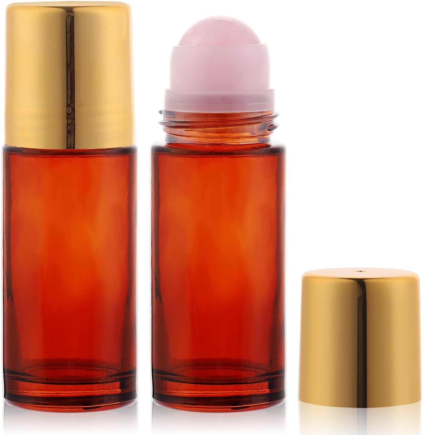 Amber Glass Roll-On Bottles - 2 Pack 1.7oz Refillable Containers with Rose Quartz Rollerball for Essential Oils & Perfume