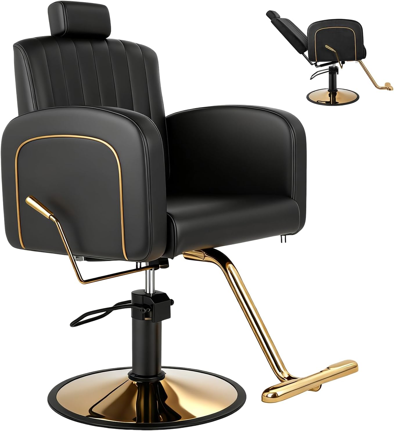 Reclining Salon Barber Chair - Black & Gold Heavy Duty Hydraulic with Adjustable Backrest | Supports 330 lbs, 360° Swivel