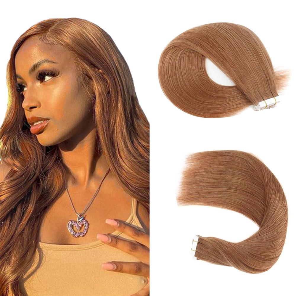 20 Inch #30 Brown Tape in Extensions Human Hair Light Brown Straight Tape ins Hair Extensions Real Hair Skin Weft Seamless Invisible Remy Hair 40g 10Pcs.
