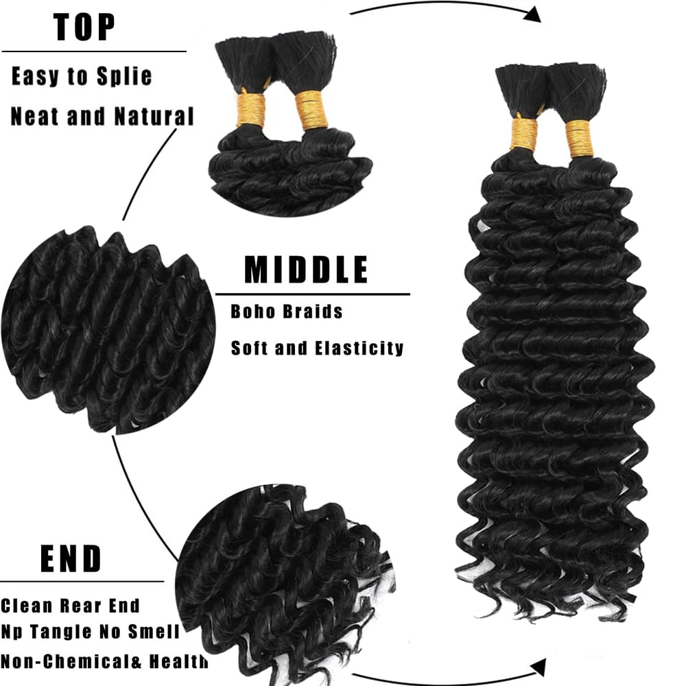 1B Boho Hair For Braiding Black Human Braiding Hair Pre Stretched Color 1B Deep Curly Wave Braids Natural Black Bulk Bohemian Braids HuxoWax 100g 24 24 Inch