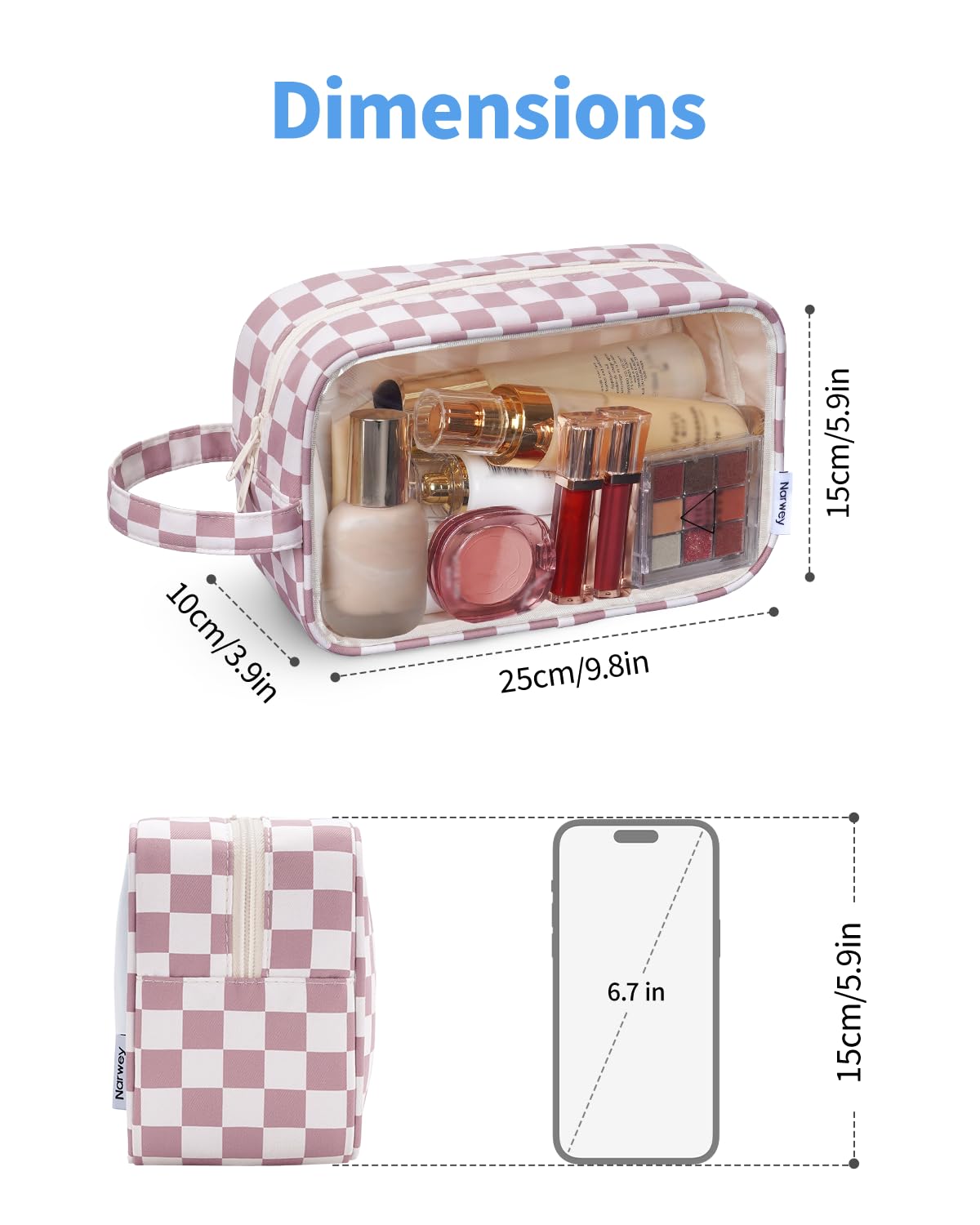 Narwey Clear Toiletry Bags for Traveling Women Men, Clear Travel Bags for Toiletries Makeup Bag Cosmetic Bag with Zipper, Make Up Organizer, Skincare Bag (Dusty Pink Checkerboard)