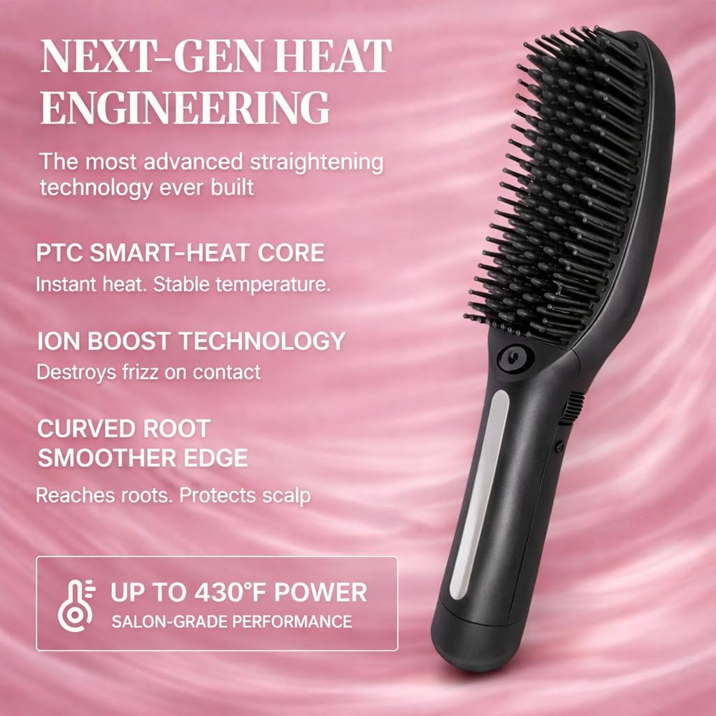 Speedy Precision Hair Straightener Brush - Sleek Hair in Minutes | LED Display 170-430°F, Curved Design for Comfort