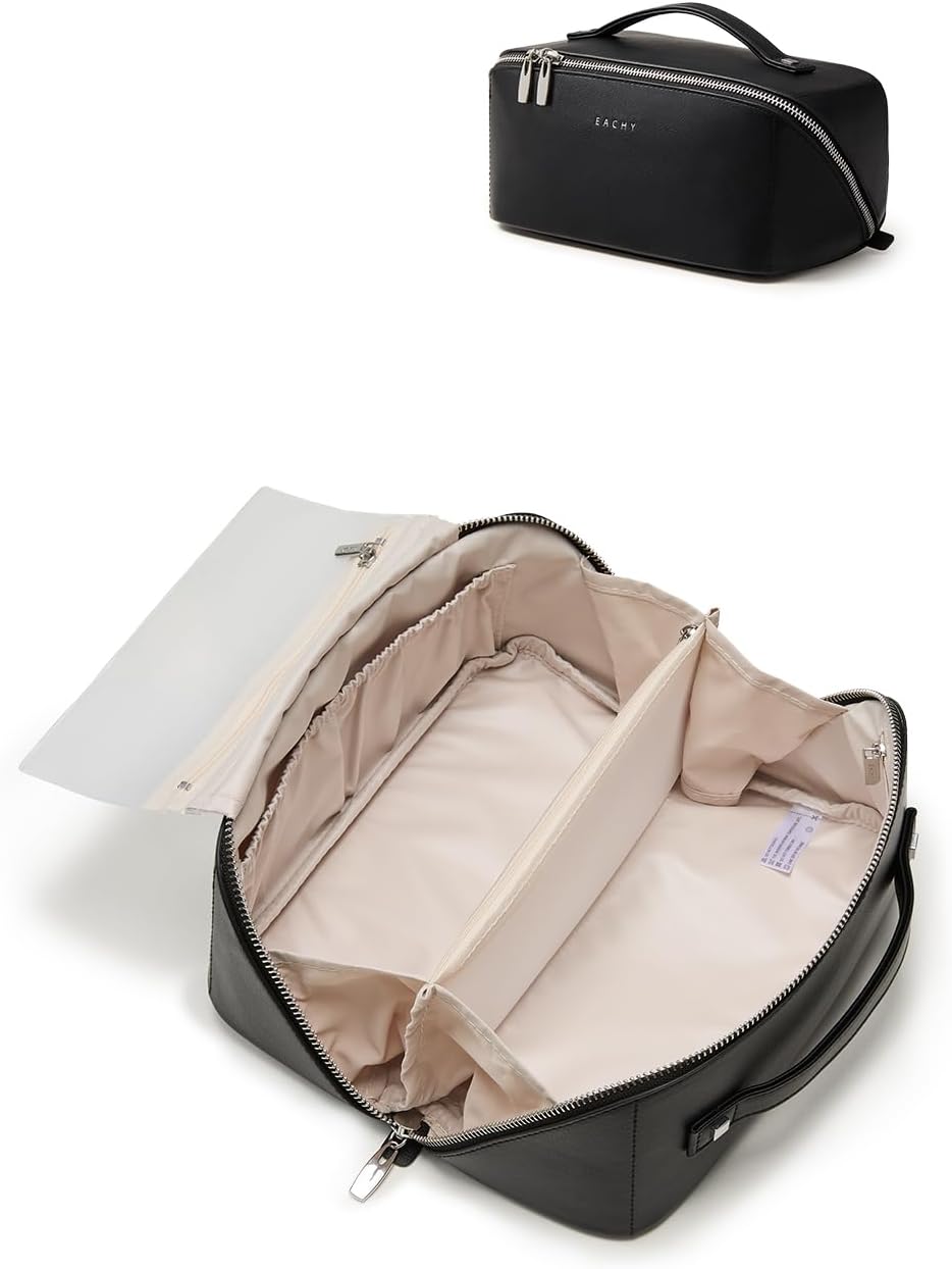 Travel Makeup Bag - Large Capacity Waterproof PU Leather Cosmetic Organizer | Flat Open Design for Skincare & Brushes