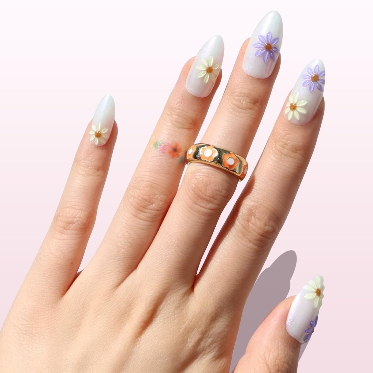 Nail Reformation Press On Nails, Silver Thistle | 3D Floral Medium Almond Fake Nails in Lavender & Gold Shimmer in Glossy Finish, Reusable Stick On Nails in 15 Sizes - 30 Nail Kit for Women Gifts