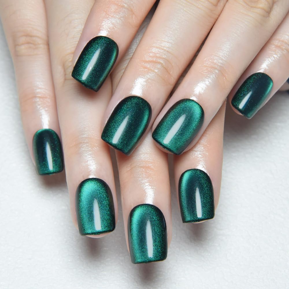 Aqua Blue Cat Eye Press-On Nails - Medium Square Chrome Design | Holographic Glitter Gel Acrylic Reusable