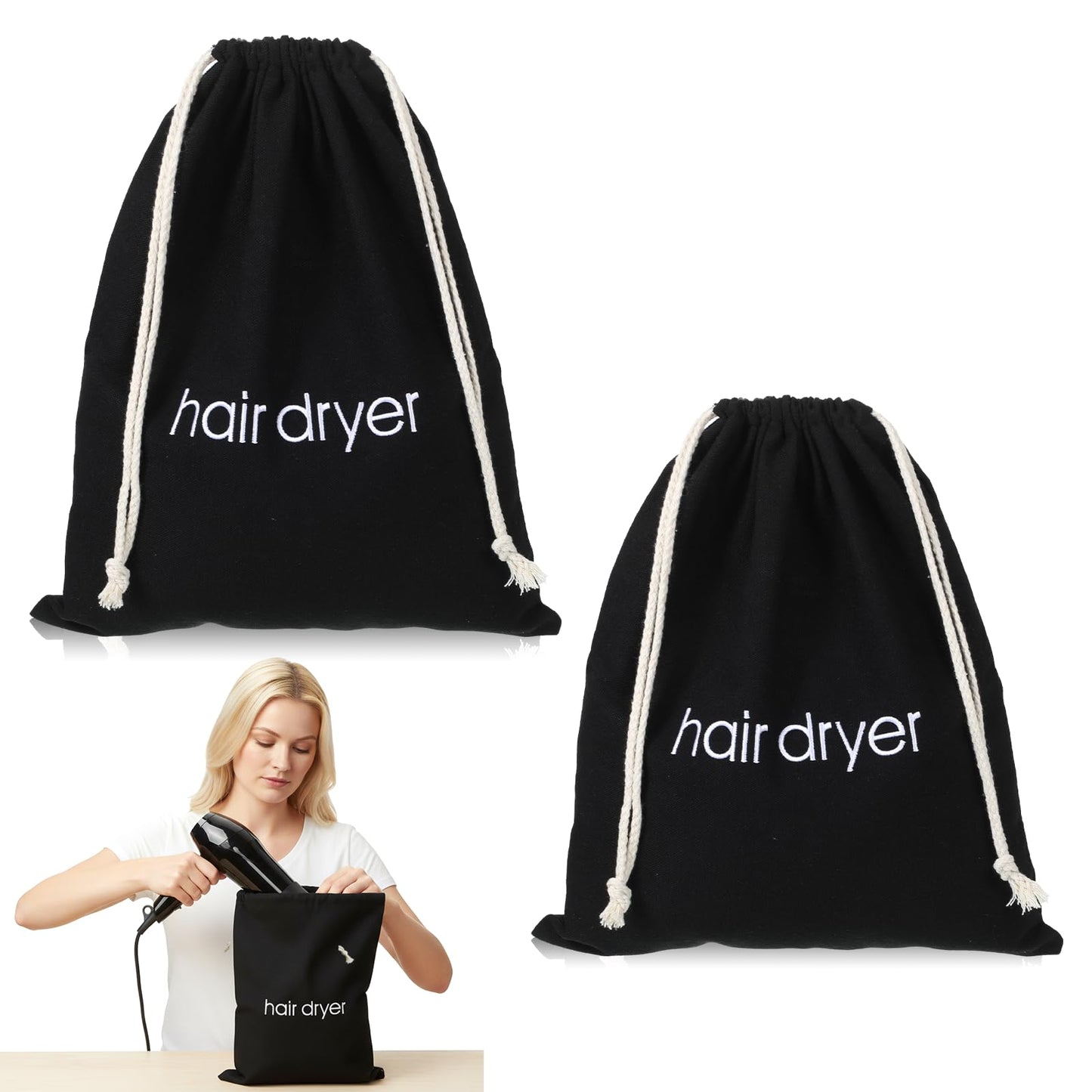 2 PCS Hair Dryer Bags, Drawstring Blow Dry Bag Organizer, Hairdryer Dust Storage Bags for Travel Bathroom (Black)