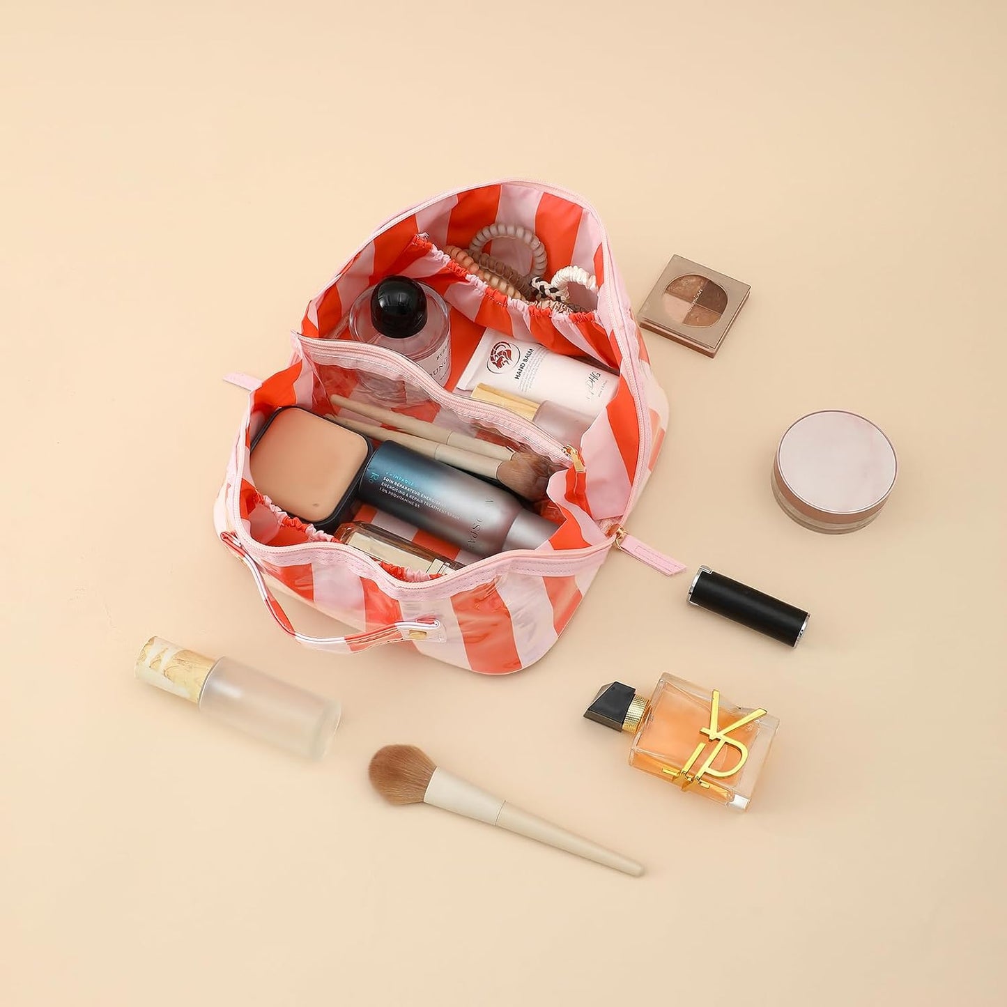Stripe Travel Makeup Bag - Waterproof Cosmetic Organizer with Compartments | Pink-Orange