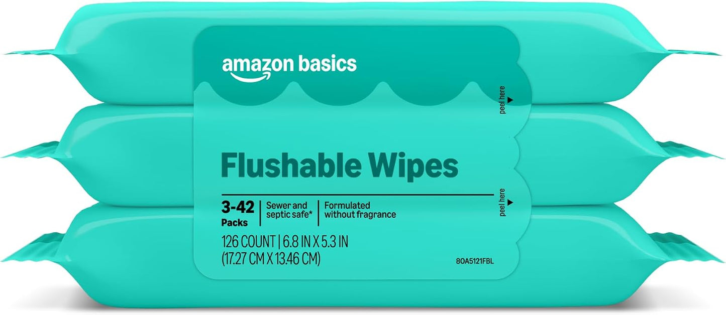 Flushable Adult Wet Wipes - Fragrance-Free, 126 Count (3 Packs of 42) | Gentle & Convenient