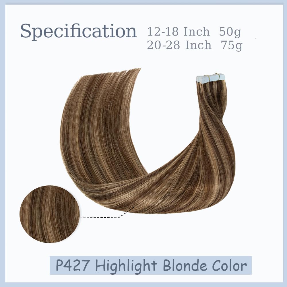 P4/27 Tape In Hair Extensions Human Hair Highlight Brown Straight Human Hair Extensions 12 Inch HuxoWax Double Weft Hair Weave