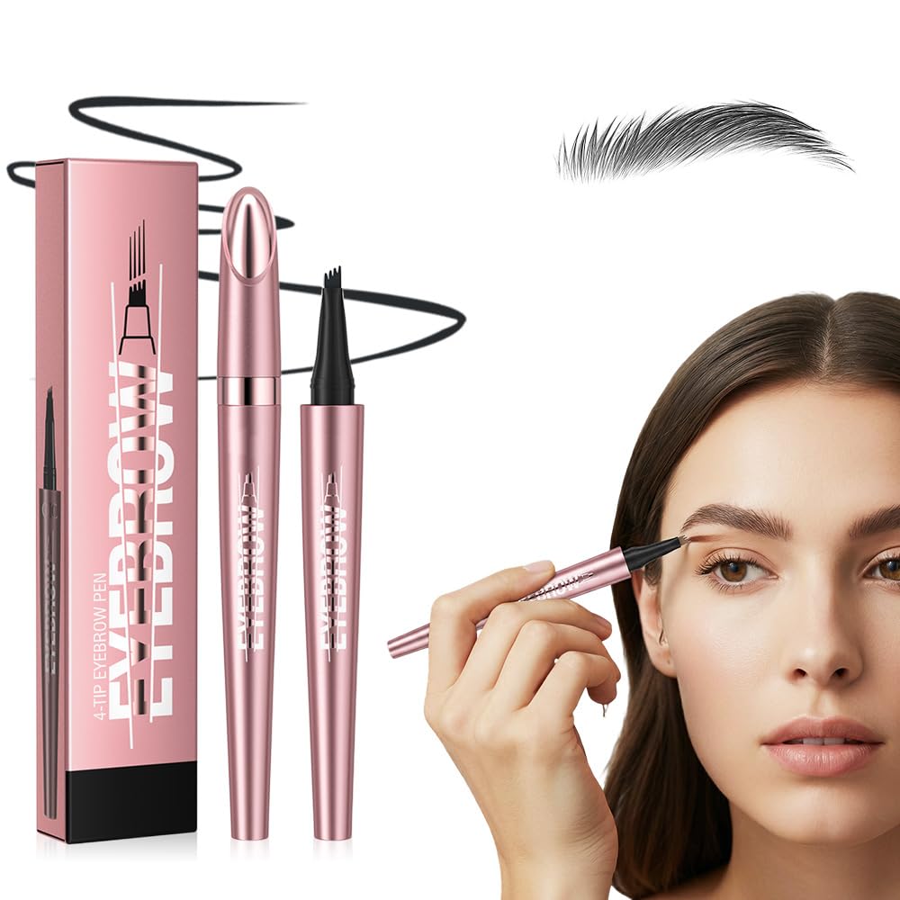 2026 New Microblading Eyebrow Pen, Upgrade 4-Tip 3D Eyebrow Pencil, Waterproof Long-Lasting Fine Stroke Contouring Pen, Natural Makeup Effect for All Day (Black)