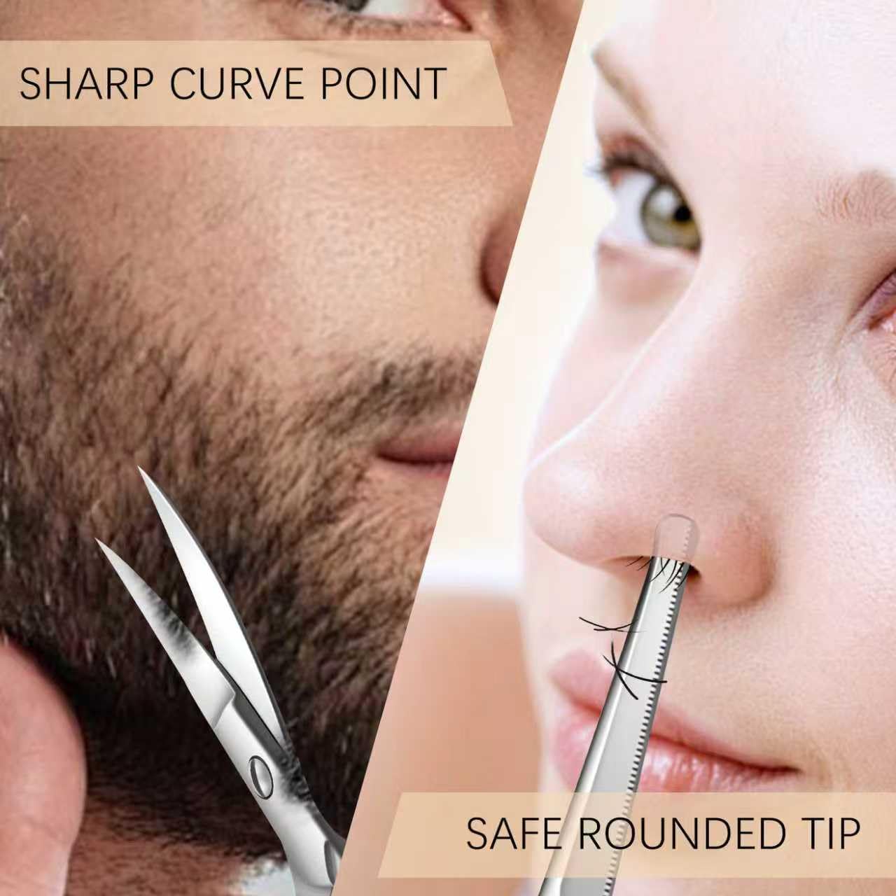Facial Hair Scissors for Men Women - Eyebrow, Nose Hair, Beard, Eyelashes, Moustache, Ear Hair Trimming Kit, Curved and Rounded Safety Tips-2PCS Silver