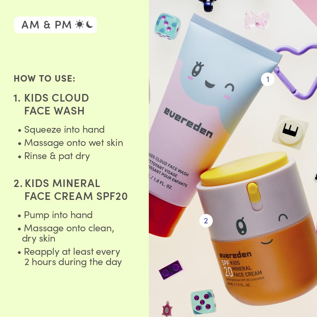 Evereden Kids Face Wash & SPF 20 Cream Set - Dermatologist-Tested Mineral Sunscreen with Zinc Oxide & Vitamin B5 | Gentle for Sensitive Skin, Ages 3+