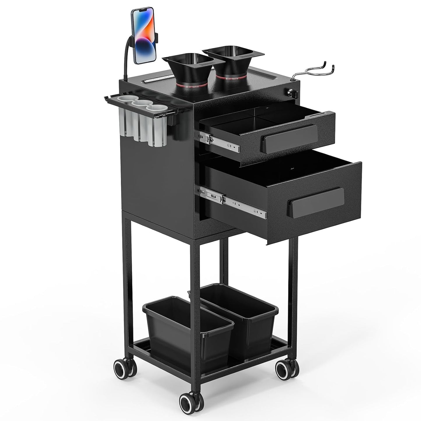 Salon Trolley Cart - Hair Stylist Station with Lockable Drawer, 2 Magnetic Color Bowls & Storage Baskets | Black Metal Design