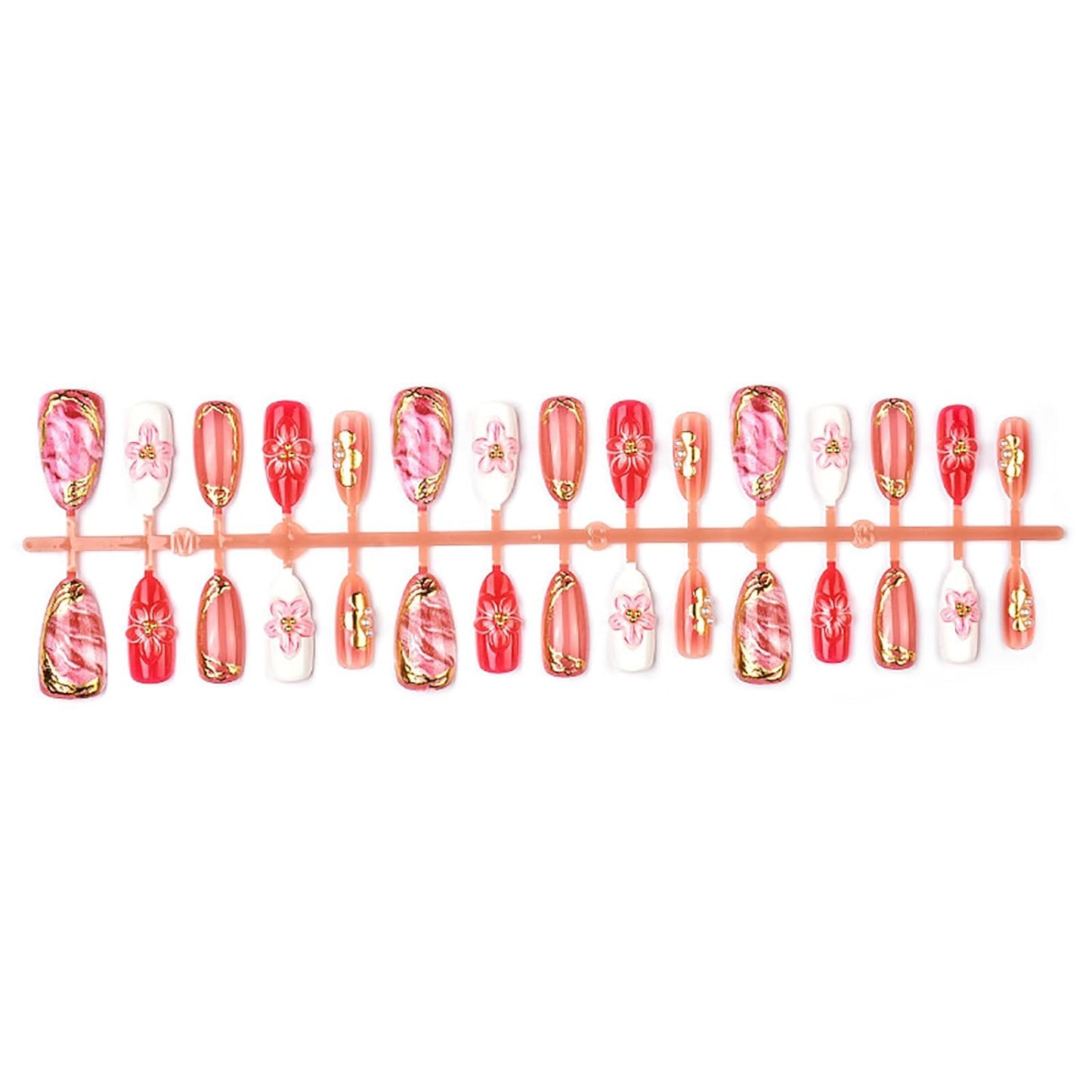30Pcs Pink Flower Press-On Nails - Handmade Almond Acrylic Nails with 3D Floral Design | Spring/Summer Style