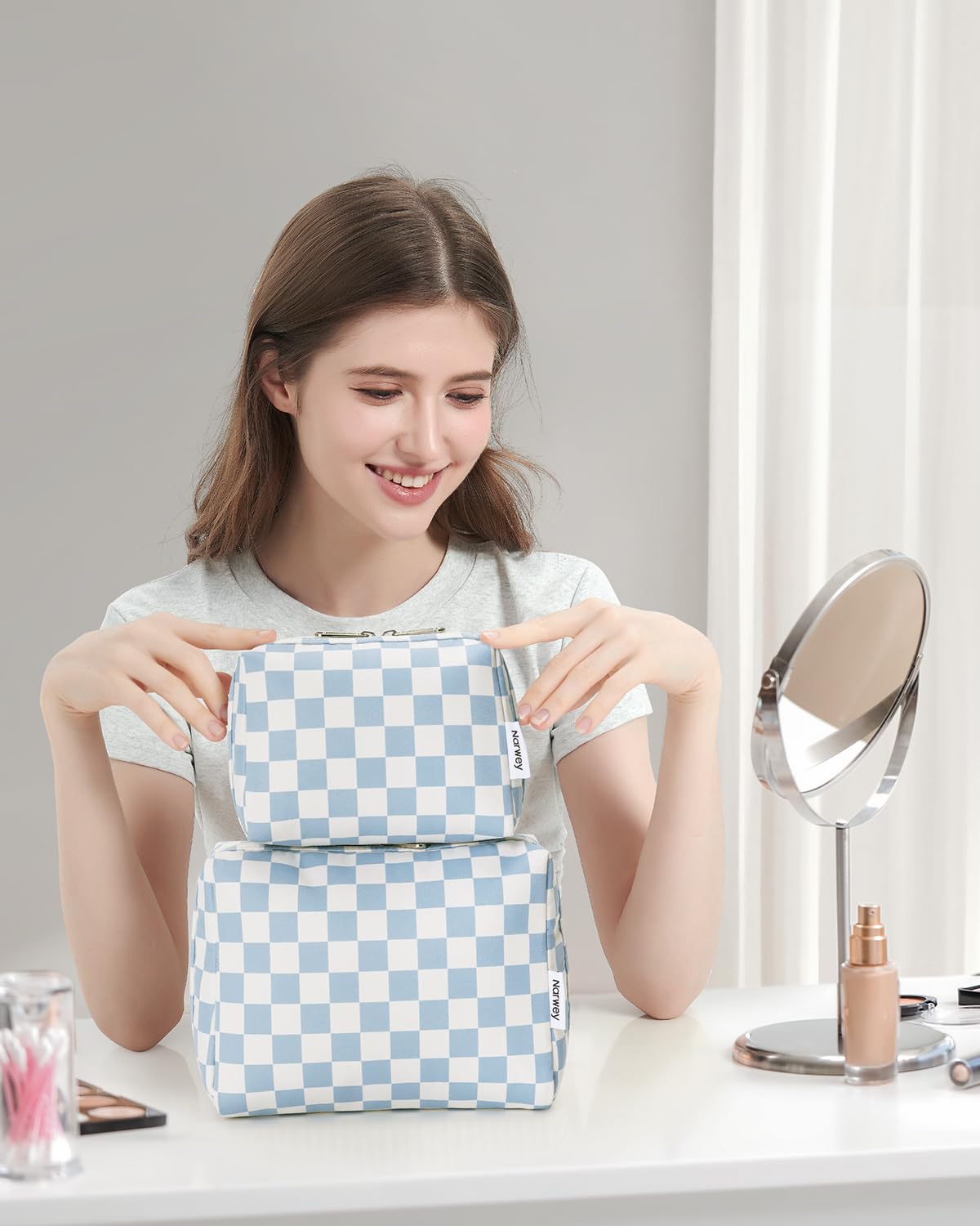 Checkered Makeup Bag - Travel Cosmetic Organizer with Compartments | Large Sky Blue Checkerboard