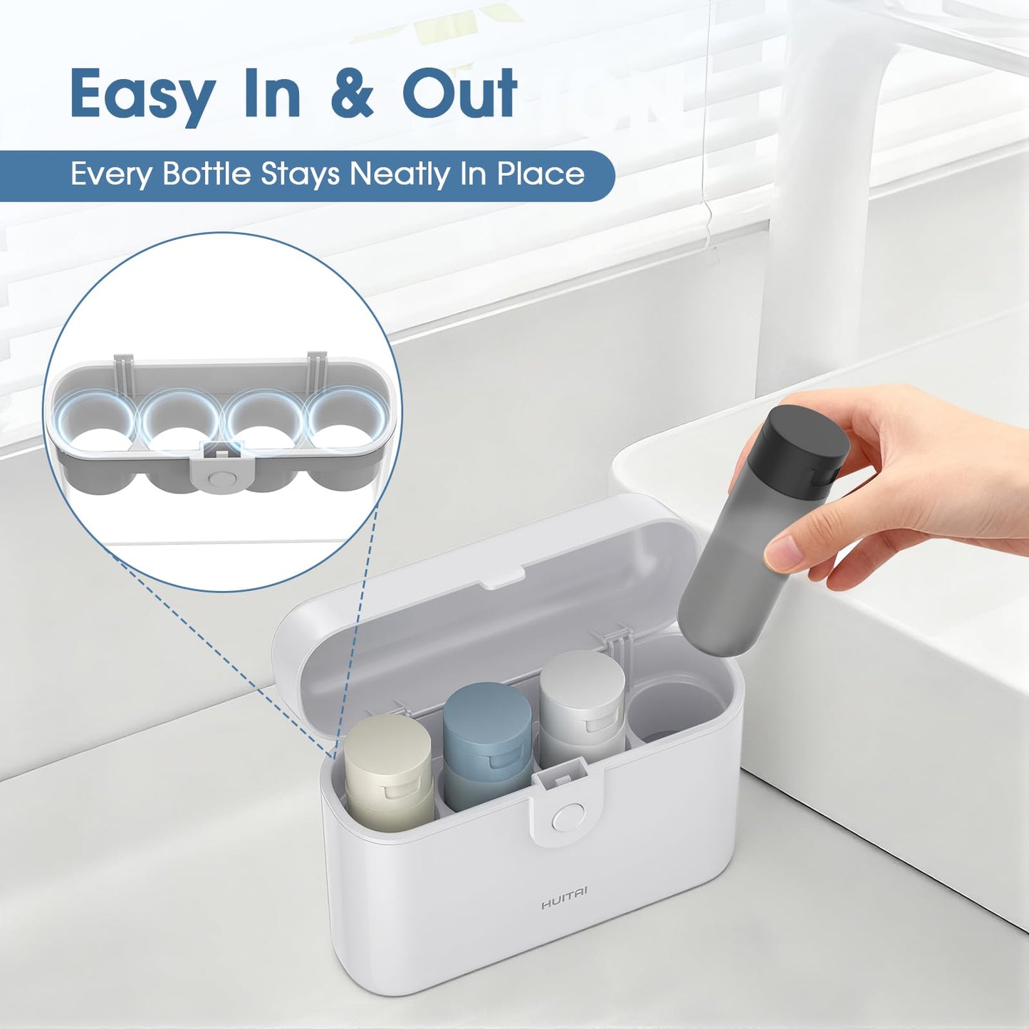 HUITAI Travel Bottles with Case, 4x2oz TSA Approved, Leak-Proof, Press to Unlock, Compact & Portable Travel Toiletries (White)